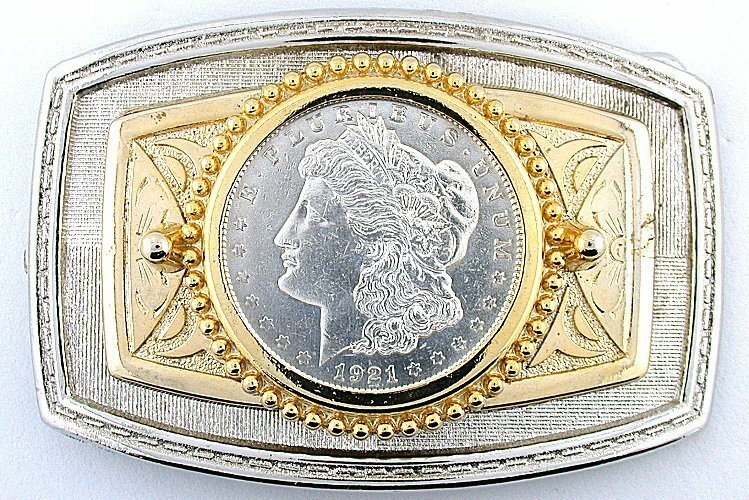 Silver Gold Color 1921 Morgan Silver Dollar Rectangle Frame Belt Buckle EPBB148