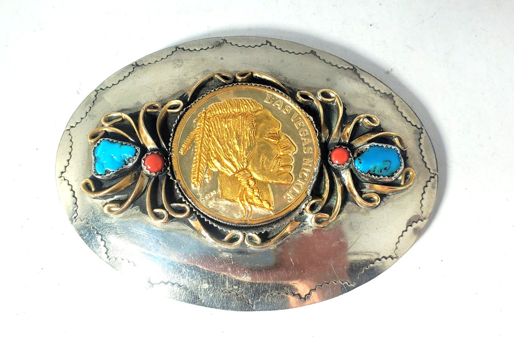 Vintage Western Turquoise & Coral W 1 OZT Buffalo Round Silver Belt Buckle Lot