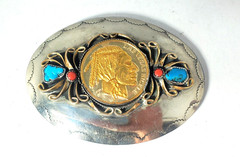 Vintage Western Turquoise & Coral W 1 OZT Buffalo Round Silver Belt Buckle Lot