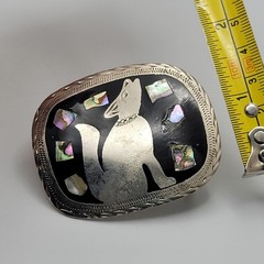Mexican Alpaca Silver Belt Buckle Howling Wolf Coyote Black Enamel Abalone Inlay