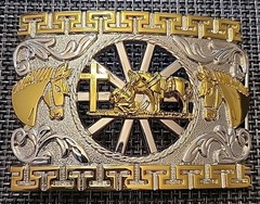 Unbranded Belt Buckle, Silver And Gold Tone Cowboy Kneeling Horse Cross