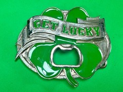 GET LUCKY Four Leaf Clover Shamrock St Patrick Day Belt Buckle Bottle Opener