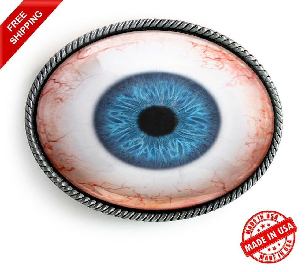 Blue Human Eye Belt Buckle – Realistic Taxidermy Eyeball Silver Artisan Buckle