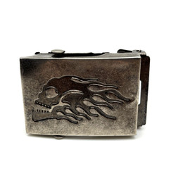 Vintage 90s Silver-tone Metal Flame Skull Military Slide Buckle for 1.5&Prime;Web Belt