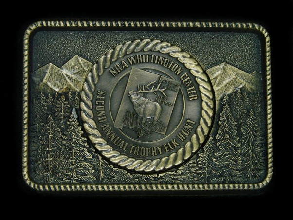 UE15133 *NOS* VINTAGE **NRA WHITTINGTON CENTER TROPHY ELK HUNT** BELT BUCKLE