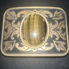 Vintage Belt Buckle Western Style Gold Ornate with Large Brown Oval Stone
