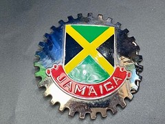 Jamaica Flag colors on Lg. silver color GEAR SHAPED SHIELD BELT BUCKLE ARTIFAKT
