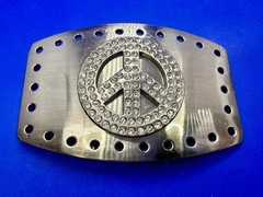 Peace Symbol Sign Rhinestone Bling Hole Border Hippy Silver Tone Belt Buckle