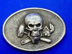 Mechanic Skull Crossed Wrench Hammer Tool Solid Fine Pewter Belt Buckle