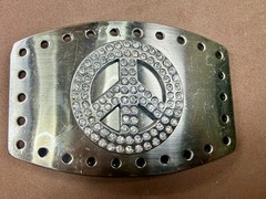 Peace Symbol Sign Rhinestone Bling Hole Border Hippy Silver Tone Belt Buckle