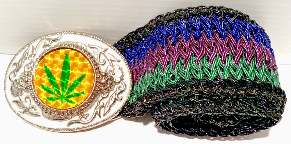 Hemp Leaf Belt Buckle Metal w/ 39” Belt Cannabis 420 Weed Cheeba Holographic