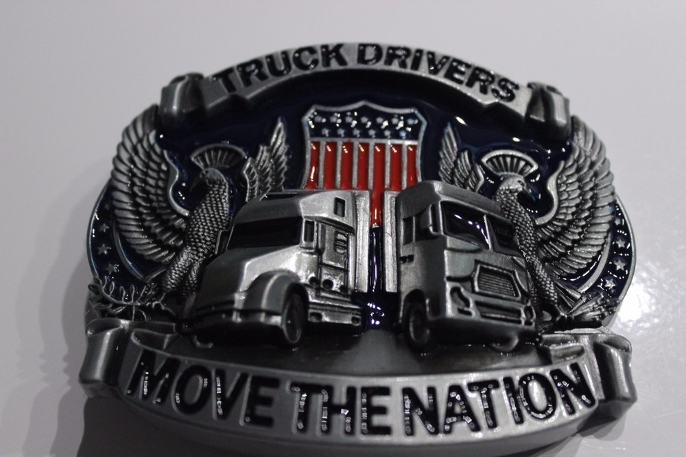 Truck Drivers « move the nation »Pewter Finish Metal/Enamel BELT BUCKLE kenworth m