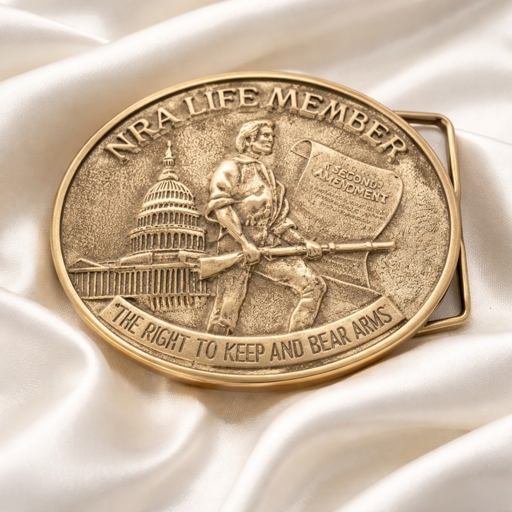 Vtg Solid Brass NRA Life Member Belt Buckle The Right To Keep And Bear Arms