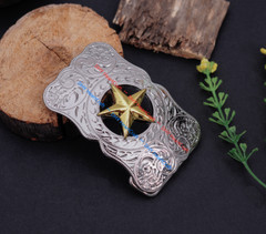 WESTERN COWBOY LONG HUGE SLIVER GLOD TEXAS RANGER STAR RODEO TROPHY BELT BUCKLE