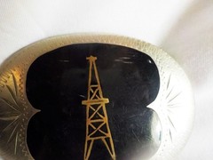 Johnson & Held Oil Rig Belt Buckle Engraved Silver Black Stone Inlay Gold Rig