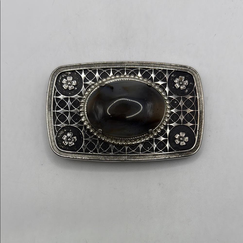 Vintage Gemstone Cabochon Western Belt Buckle Engraved Cowboy Cowgirl Floral