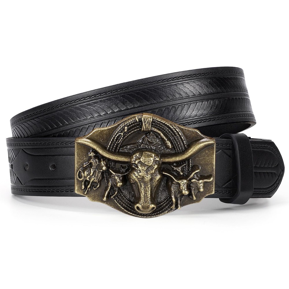 TRIWORKS Western Cowboy Leather Belt for Men Women Fit Size 42&Prime;-46&Prime;, Black