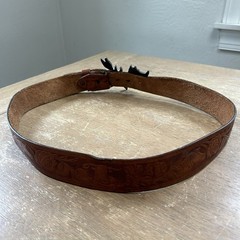 Brass Moose Belt Buckle w/Hand Tooled Brown Leather Western Wear Belt Size 40