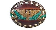 EAGLE Belt BUCKLE w/ WHITE BUCKSTITCHING Lg HANDMADE Brown LEATHER Western/Biker