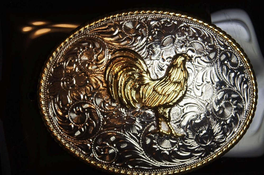 NOCONA SILVER & Gold tone OVAL STANDING ROOSTER Belt Buckle 37958