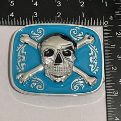 Skull Crossbones Belt Buckle Mens Turquoise Enamel Silver Tone Pirate Statement