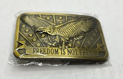 Eagle Freedom Is Not Free Patriot Sponsor Gold Tone Belt Buckle 3” x 2”