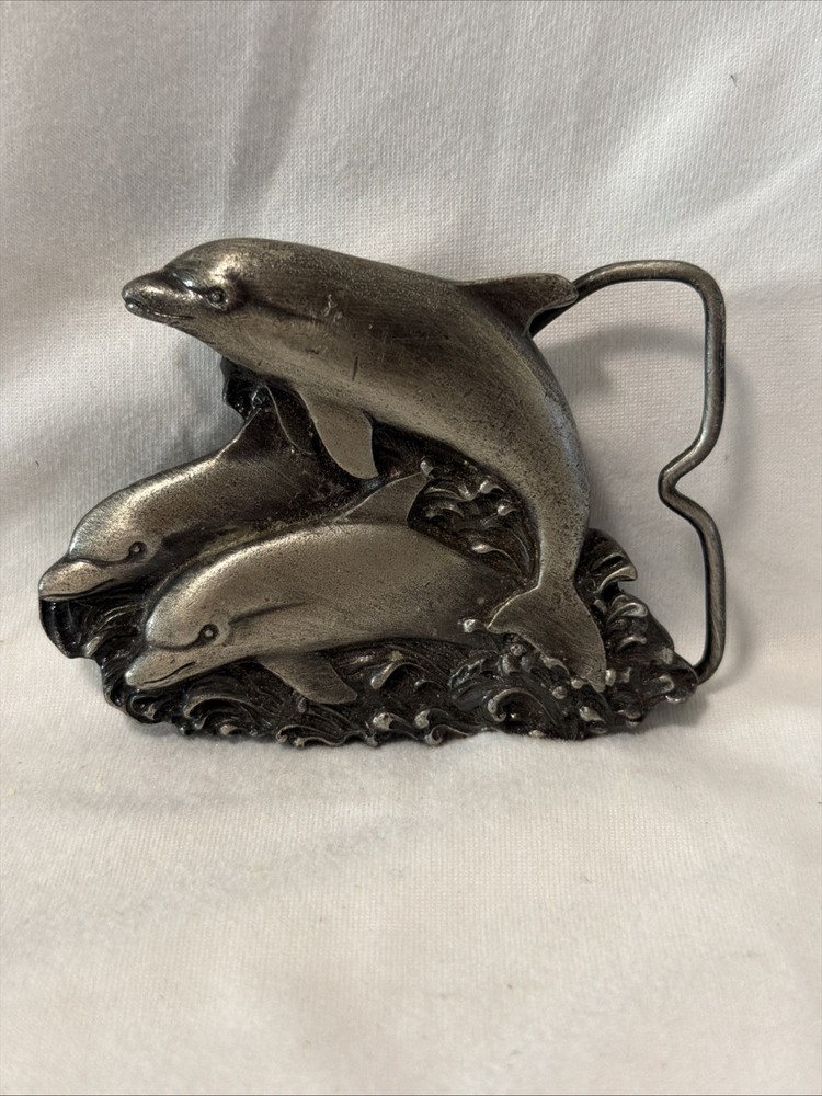 Bergamot Jumping Dolphins Brass Works Pewter Belt Buckle 3&Prime; X 2.5&Prime; Made in USA