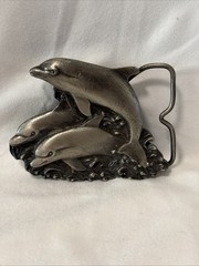 Bergamot Jumping Dolphins Brass Works Pewter Belt Buckle 3&Prime; X 2.5&Prime; Made in USA