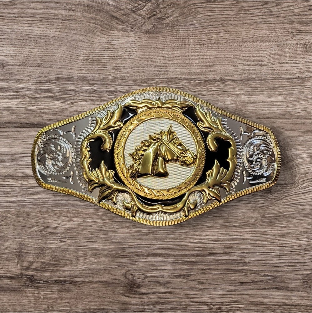Cowboy/Charro Belt Buckle For Man-Horse Head 6.25&Prime;x3.25&Prime; Silver Tone/Black/Gold