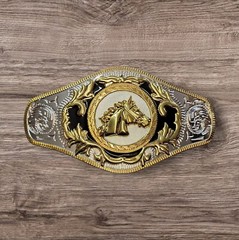 Cowboy/Charro Belt Buckle For Man-Horse Head 6.25&Prime;x3.25&Prime; Silver Tone/Black/Gold