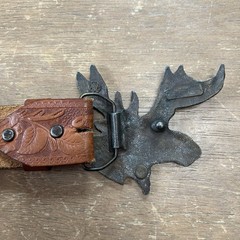 Brass Moose Belt Buckle w/Hand Tooled Brown Leather Western Wear Belt Size 40