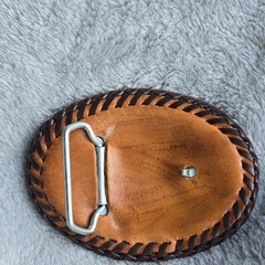 Brown Leather Oval Western Horse Belt Buckle Tooled Laced Fits 1.5&Prime; Belt