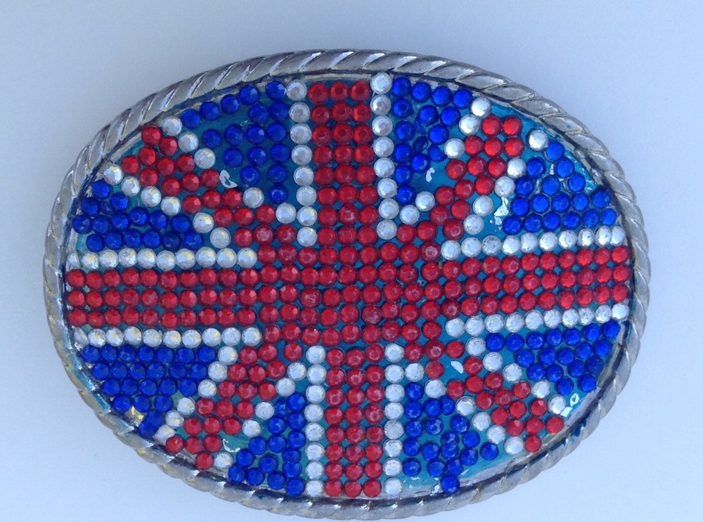 British Flag Belt Buckle Oval Beaded Sparkles About 3.75&Prime;x2.75