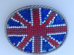 British Flag Belt Buckle Oval Beaded Sparkles About 3.75&Prime;x2.75