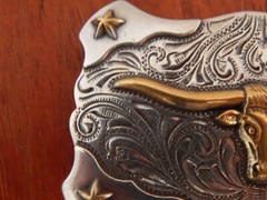 Silver Tone Metal Belt Buckle, Gold Tone Long Horn Steer Image SHIPS FREE