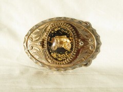 Belt Buckle Western Style Gold Tone Oval Stage Coach Gold Flake Inlaid Vintage
