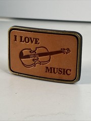 I Love Music Belt Buckle Leather And Metal, Country, Violin Fiddle, VGC