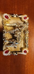 Western Horse Belt Buckle Gold Tone Red/White Enamel Clip Fits 1.5 in