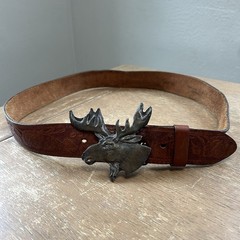 Brass Moose Belt Buckle w/Hand Tooled Brown Leather Western Wear Belt Size 40
