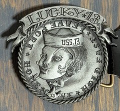NOS Y2K Lucky 13 Apparel Metal Belt Buckle Brandi Spinner Tattoo Sailor