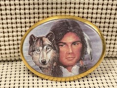 Vintage Belt Buckle – Native American and Wolf Handmade 3” Long