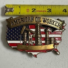 Baron American Oil Worker Belt Buckle Solid Brass Vintage &rsquo;81 Americana USA Flag