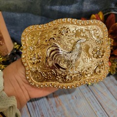 Rooster Cowboy Belt Buckle Western Hebilla Silver & Rosetone Rhinestone 4×3.5&Prime;