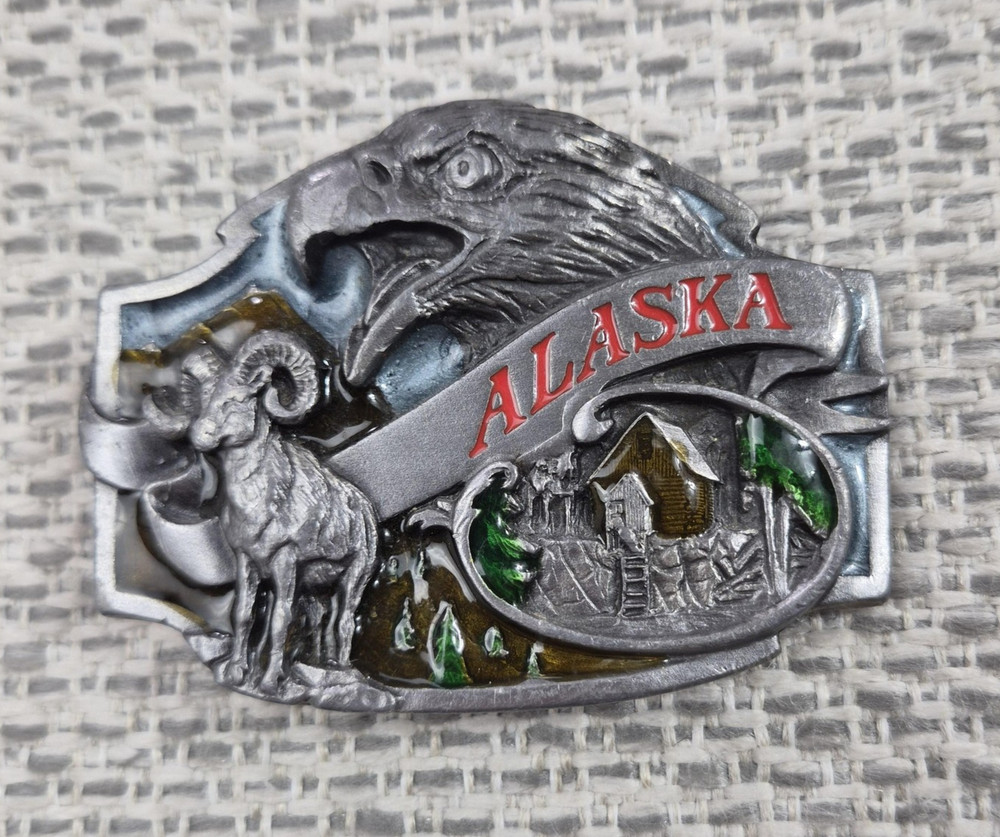 Vintage Siskiyou Buckle Co Belt Buckle Mens Silver Alaska Eagle Cabin Ram