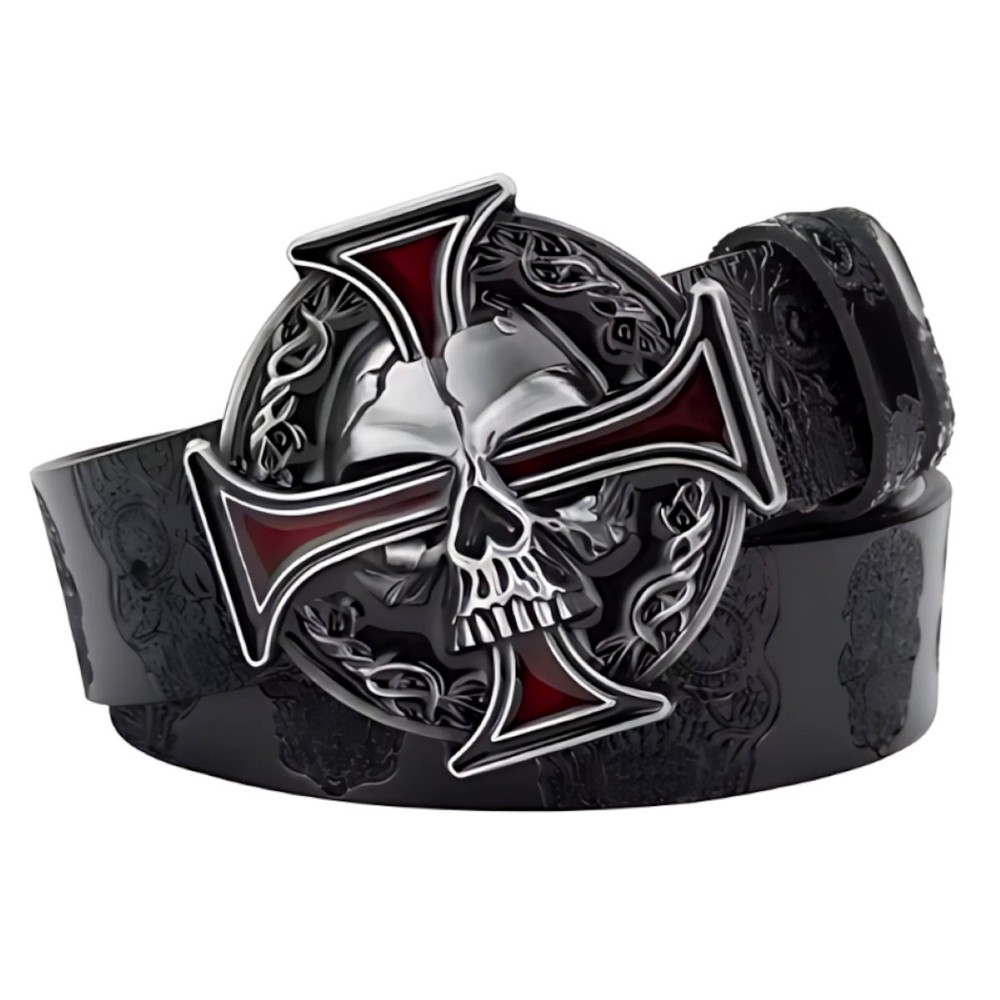Cross and Skull Buckle and Belt Set, Classic Rock Biker Accessory
