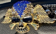Skull covered in Clear & Blue Rhinestones Belt & Belt Buckle,Missing Some Stones