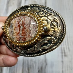 Western Floral Lace Agate Belt Buckle Two Tone Gold Silver Oval Cowboy Boho