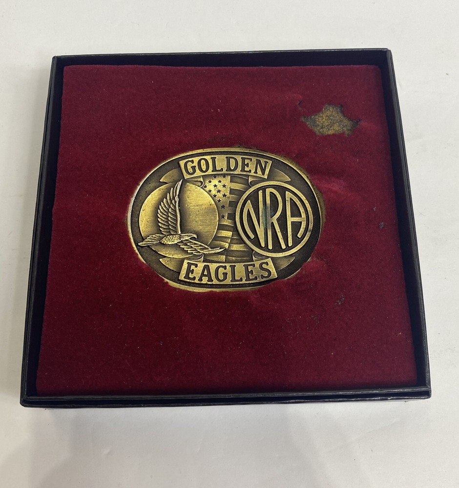 Vintage NRA GOLDEN EAGLES Belt Buckle Brass American Flag With Original Box