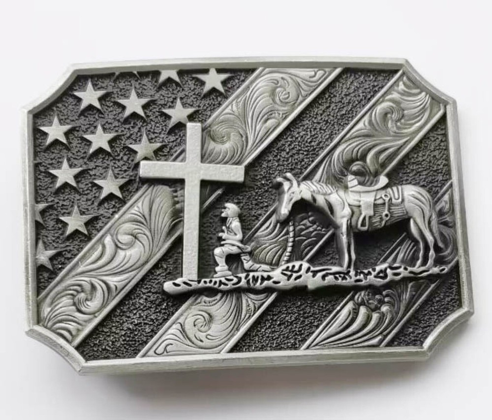 Pray Theme Western Belt Buckle with Cross Horse US Flag for Retro Cowboy Wear
