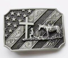 Pray Theme Western Belt Buckle with Cross Horse US Flag for Retro Cowboy Wear